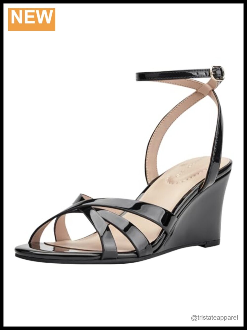 Wedge Sandals Faux Patent Leather Adjustable Ankle Strap Dressy